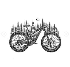 a drawing of a mountain bike with trees and moon in the background, on white paper