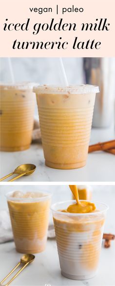 two cups filled with iced golden milk and topped with an orange slice on top