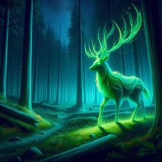 a green deer standing in the middle of a forest