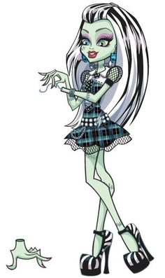 a drawing of a girl with long white hair and green eyes wearing high heeled shoes