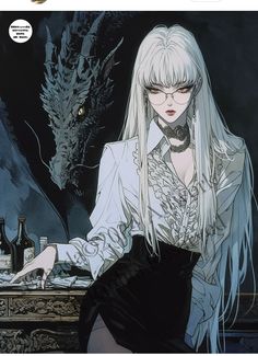 a woman with white hair and glasses sitting at a table in front of a dragon