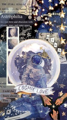 an altered collage of space and stars with the words cosmic love written on it