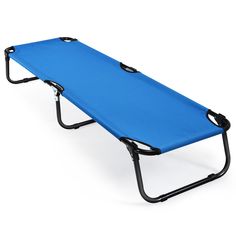 a blue folding cot with black legs on a white background, viewed from the side