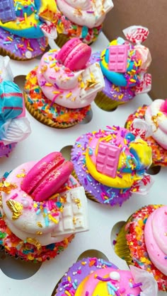 cupcakes decorated with colorful frosting and sprinkles are on display