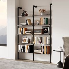 a living room with a book shelf filled with books