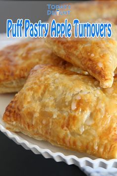 puff pastry apple turnoverers on a plate with text overlay that reads, puff pastry apple turnoverers