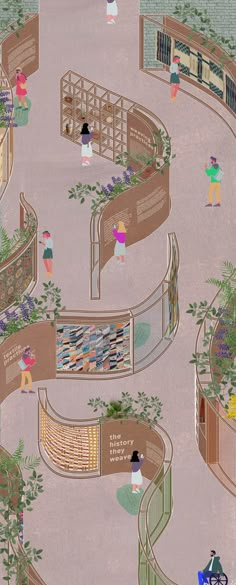 an illustration of people walking around a building with plants on the walls and in the ground