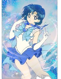 an anime character with blue hair wearing a dress and holding her hand up in the air