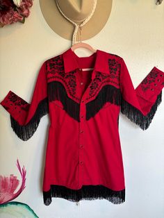 Embroidered western shirt dress with fringe detail and long fun fringe in the back so you can really boot scoot. Made to order in size you need. Other shirt colors available upon request. Embroidery color and placement cannot be customized or changed. Fitted Bohemian Shirt Dress, Fitted Long Sleeve Dress With Beaded Fringe, Fringe Western Dress, Western Shirt Dress, Embroidered Western Shirt, Cowgirl Dress, Dress With Fringe, Cowgirl Dresses, Cowboy Shirt