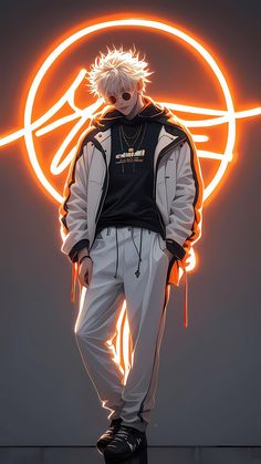 an anime character standing in front of a neon circle with his hands on his hips