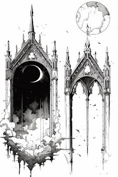 an ink drawing of a gothic church with the moon in the sky and clouds around it