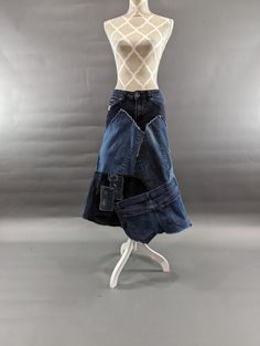 "Upcycled denim patchwork skirt with frayed seams and jagged hem. Waist measures 31\" and length is approximately 31\". Super fun!" Patchwork Denim Skirt, Long Denim Jacket, Patchwork Sweater, Lace Vest, Womens Skirts, Patchwork Skirt, Knit Infinity Scarf, Denim And Lace, Upcycled Denim