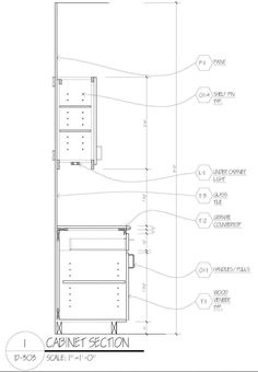 an architectural drawing of the cabinet section for a kitchen with drawings and measurements on it