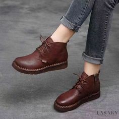 Lasaky - Handcrafted Vintage Leather Short Boots with Side Zipper and Lace-Up Design - Comfortable Flat Sole Ankle Boot Best Winter Boots, Handmade Boots, Short Leather Boots, Handmade Boot, Chunky Heels Sandals, Retro Shoes, Walking Boots, Round Toe Heels, Winter Boots Women