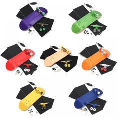 six skateboards with different colors and designs are shown in the middle of an image