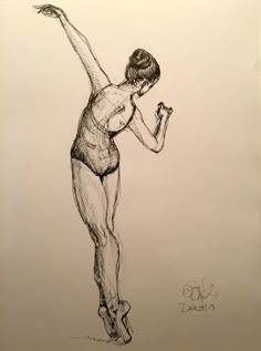 a black and white drawing of a woman in a leotard pose with her arms outstretched