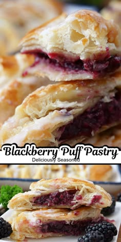 A double collage photo of a blackberry cream cheese puff pastry. Blackberry Danish Recipe, Recipes Using Store Bought Puff Pastry, Blackberry Turnovers With Puff Pastry, Puff Pastry Blackberry Recipes, Blackberry Puff Pastry Desserts, Puff Pastry Breakfast Recipes Sweets, Blackberry Pastry Recipes, Blackberry Breakfast Recipes, Blackberry Pastries