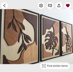 three framed art pieces hanging on the wall next to each other with text reading find similar items