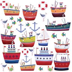 many boats are painted in different colors and sizes