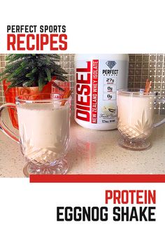 an eggnog shake is sitting on a counter next to a jar of protein powder