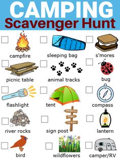 the camping scavenger hunt with pictures and words to help kids learn how to use it