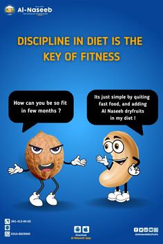 a poster with two cartoon characters talking to each other, and the caption says discipline in diet is the key of fitness