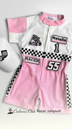 a pink and white racing outfit with hat