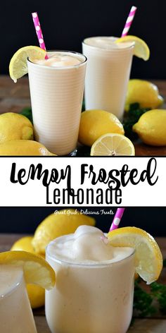 lemon frosted lemonade in glasses with straws and lemons on the side