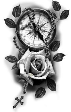 a black and white photo of a rose with a compass on it