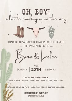 a baby shower is shown with cactus and cowboy boots