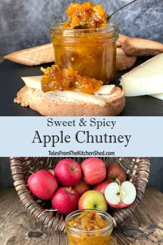 an apple chutney in a glass jar next to apples and bread