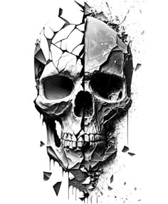 a black and white drawing of a skull with paint splattered on it's face