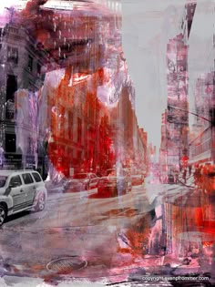 an abstract painting of a city street with cars