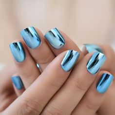 Blue Chrome Nails, Wide Nails, Natural Nail Art, Light Blue Nails, Baby Blue Nails, Blue Chrome, Nails Fun, Press On Nails Short, Blue Nail Designs