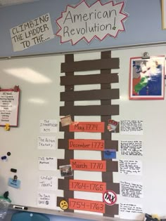 a bulletin board that has been decorated with stickers and magnets to describe the american revolution