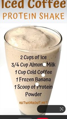 the iced coffee protein shake recipe is shown in this screenshote screen shot, with text