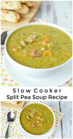 two bowls of split pea soup with crackers in the background