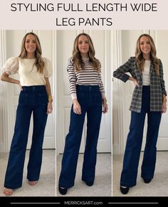 Business Casual Baggy Jeans, Outfits With Trouser Jeans, Ankle Length Wide Leg Jeans Outfit, How To Style Green Wide Leg Pants, Slim Wide Leg Jeans, Wide Blue Pants Outfit, Trouser Jeans Outfit Winter, Wide Leg Denim Trouser Outfit, Wide Leg Dress Pants Outfit Dressy