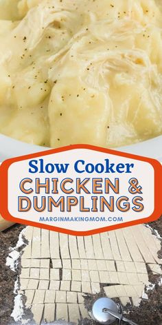 slow cooker chicken and dumplings in a white bowl