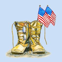 two boots with laces and an american flag hanging from the side on a blue background