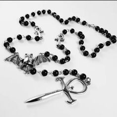 Vampire Rosary, Occult Vamp Gothic Beads Bat Gothic Beaded Jewelry 24 Inches Cross To Bat Length Additional 6.5 Inches Nice Necklace Cross Jewelry Goth, Gothic Bat Necklace, Vampire Knight Necklace, Gothic Jewelry Pearls, Mallgoth Necklace, Vampire Bite Pearl Necklace, Gothic Accessories Aesthetic, Vampire Goth Accessories, Trad Goth Jewelry