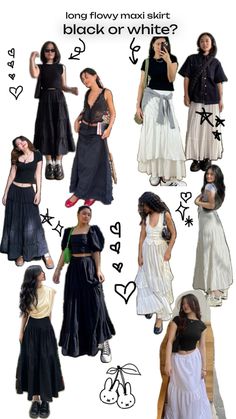 black or white outfits? Long Flowy Skirt Outfit, Flowy Skirt Outfit, Long Black Skirt Outfit, Black Maxi Skirt Outfit, Cut Outfits, White Skirt Outfits, Black Skirt Outfits, White Long Skirt, Looks Pinterest