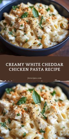 creamy white cheddar chicken pasta in a blue bowl