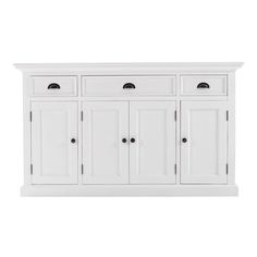 a white cabinet with four doors and two drawers on the bottom, in front of a white background