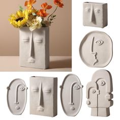 four different shapes and sizes of vases with flowers in them, including two faces