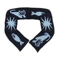 a black scarf with white cats and stars on the side, in front of a white background