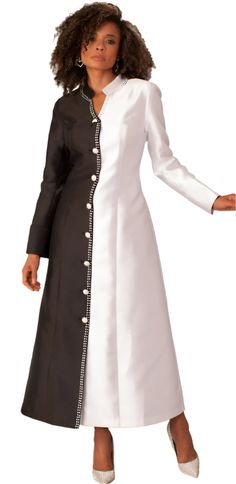 Tally Taylor Collection Style: 4804 Contrasting Robe with Rhinestone Buttons ﻿Color: Black/White Length: 52 1/2" Shop our different departments today for dresses, suits, hats, robes and more! Sign Up for our Exclusive Rewards Program Just go to the bottom of this page and you will see the "Sign up" spot, just click it and follow the instructions, it's very quick and really easy. Special Bonus get 10% off at checkout, use coupon code SAVE10 Comfortable Dresses, Women Church, Church Suits, Matte Fabric, Woman's Fashion, Church Dresses, African American Women, Silk Twill, Black And White Design