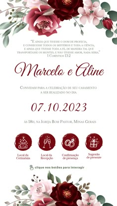 a wedding card with red flowers and green leaves on the bottom, in spanish language