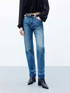 MO&Co. Women's Blue 100 Pure Cotton Straight Leg Washed Jeans Washed Blue Straight Cotton Jeans, H&m Straight Leg Dark Wash Jeans, Non-stretch Straight Leg Medium Wash Jeans, Pre-washed Straight Leg Denim Blue Jeans, Straight Leg Pre-washed Jeans In Washed Blue, Washed Jeans, Mesh Bag, Pocket Design, Straight Jeans