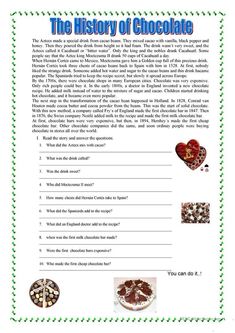 the history of chocolate is shown in this worksheet for kids to learn how to make